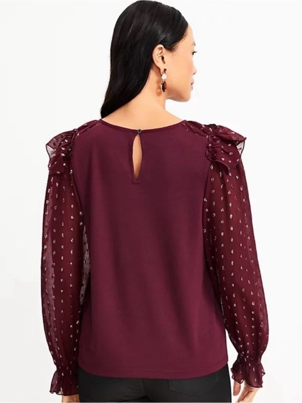 XL Burgundy shimmer-dotted ruffle yoke mixed media top from LOFT - Picture 2 of 5